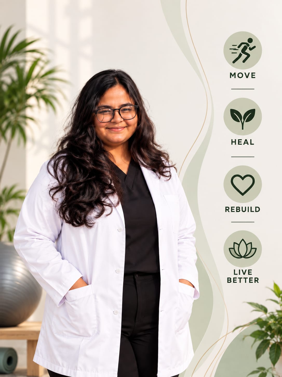 Dr. Shreya Parmar standing in a white coat in a bright physiotherapy studio